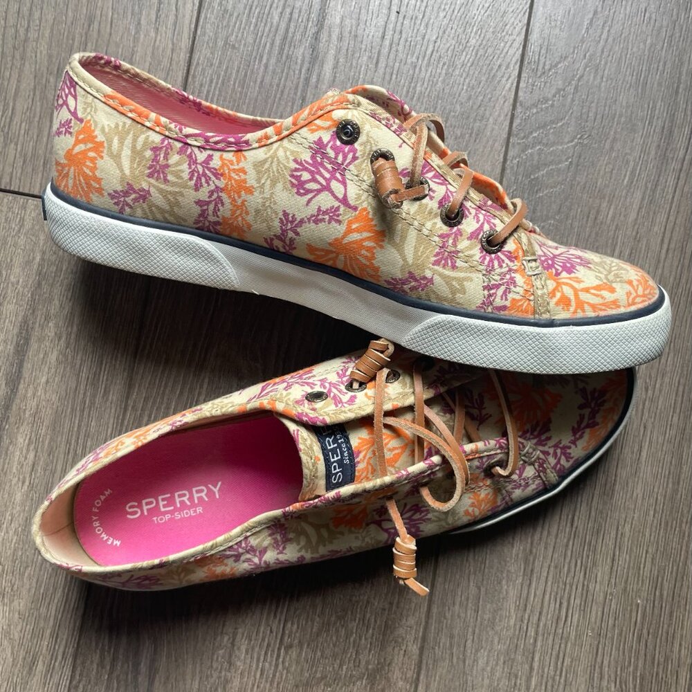 Sperry Top-Sider Comfort Sneakers Wms Sz 8.5M Orange and Purple flowers